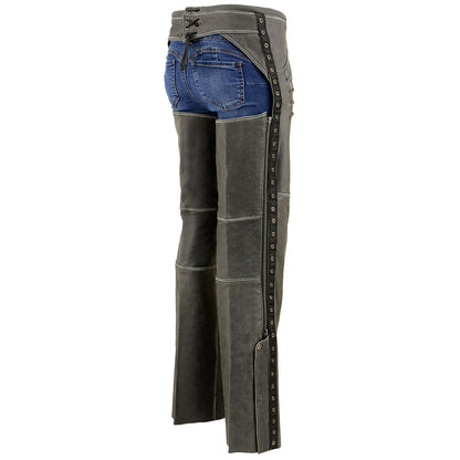 Milwaukee Leather Chaps for Women Distress Grey Premium Skin- Accent Lace Grommet Details Motorcycle Chap- MLL6536