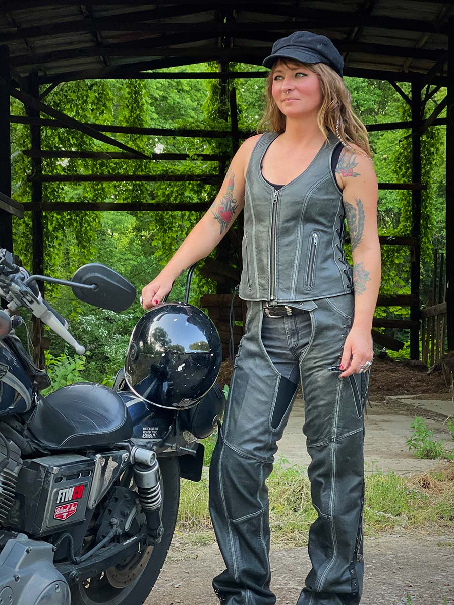 Milwaukee Leather Chaps for Women Distress Grey Premium Skin- Accent Lace Grommet Details Motorcycle Chap- MLL6536