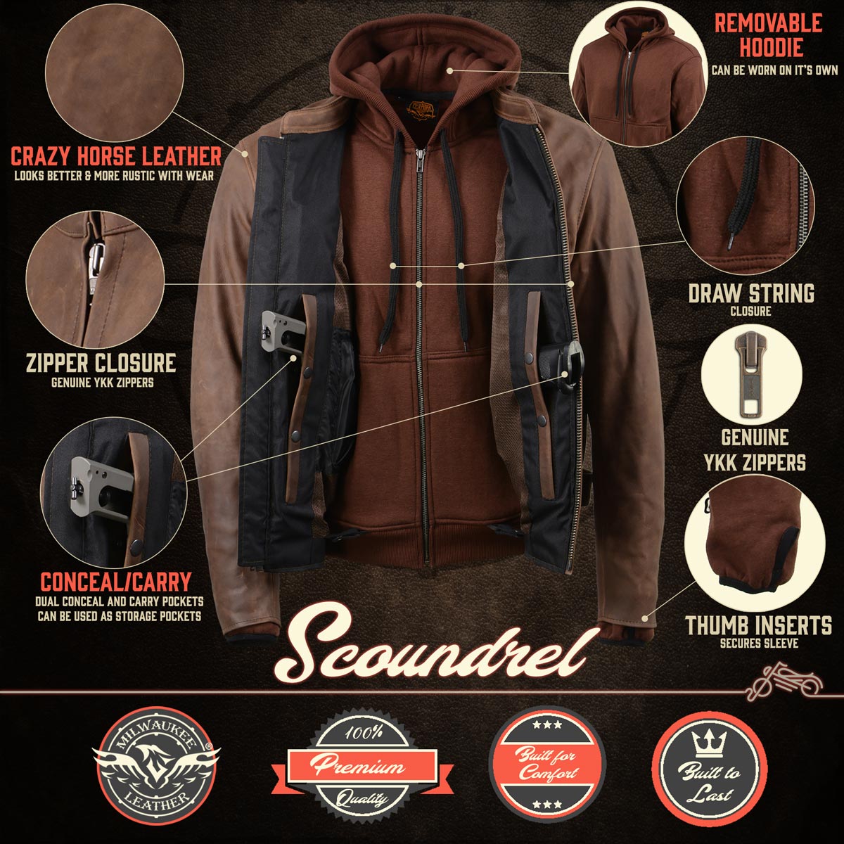 Milwaukee Leather MLM1518 Men's 'Scoundrel' Vintage Crazy Horse Brown Leather Jacket w/ Removable Hoodie