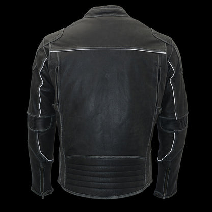 Milwaukee Leather MLM1536 Mens Vintage Distressed Grey Leather Scooter Style Motorcycle Jacket - Reflective Piping