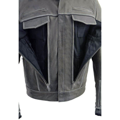 Milwaukee Leather MLM1539 Men's Distressed Grey Leather ‘Utility Pocket’ Vented Jacket with Removable Hoodie