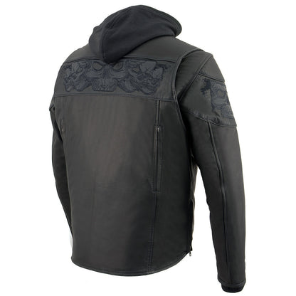 Milwaukee Leather MLM1563 Men's Black Leather Scooter Style Motorcycle Jacket with Reflective Skulls w/ Hoodie