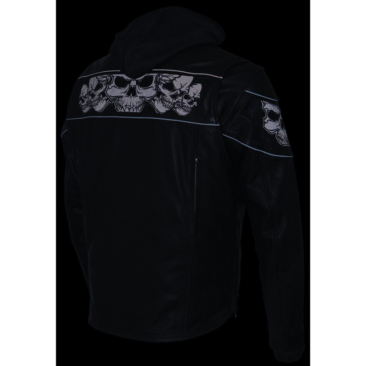 Milwaukee Leather MLM1563 Men's Black Leather Scooter Style Motorcycle Jacket with Reflective Skulls w/ Hoodie