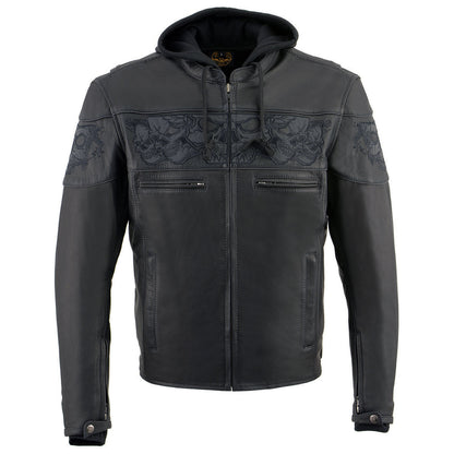 Milwaukee Leather MLM1563 Men's Black Leather Scooter Style Motorcycle Jacket with Reflective Skulls w/ Hoodie