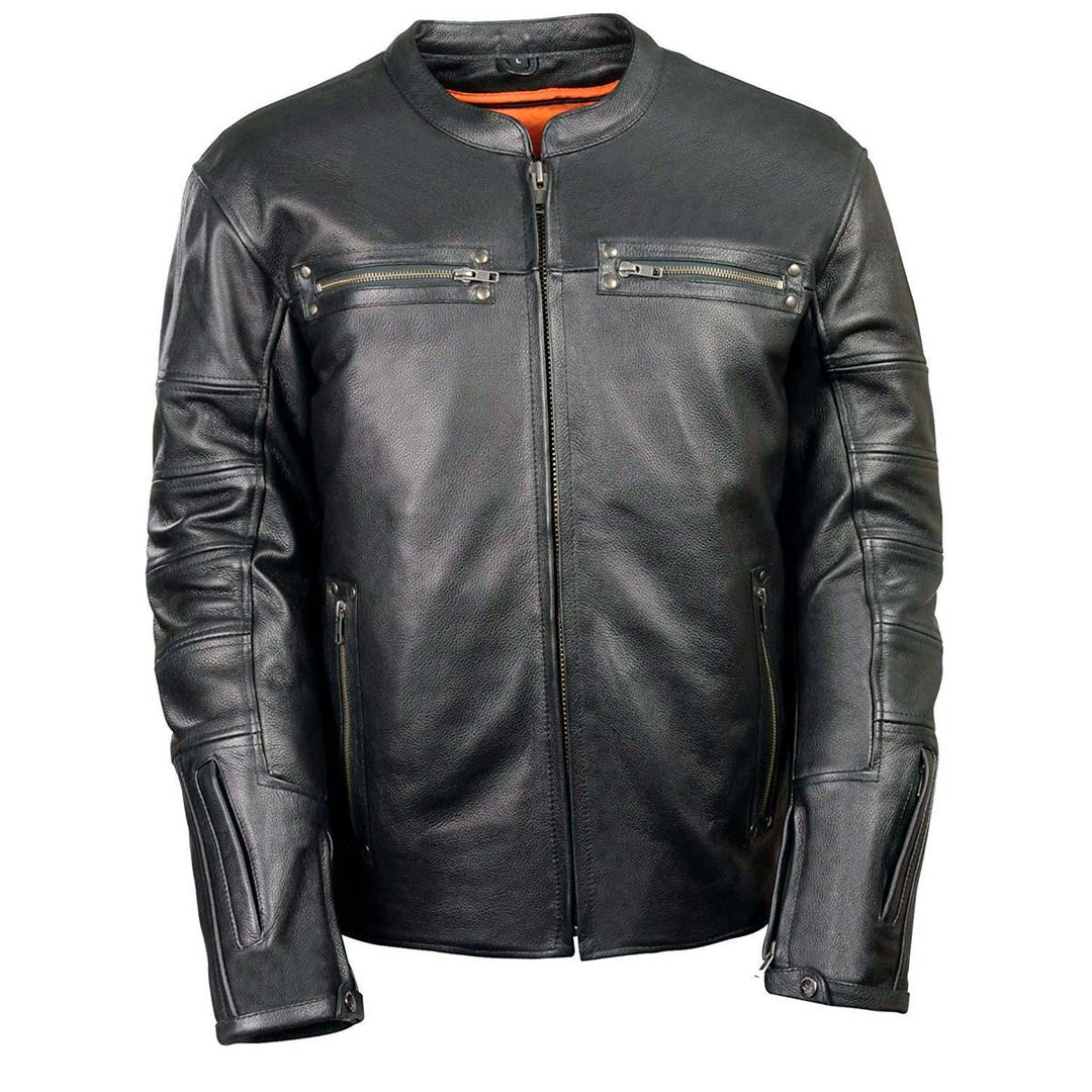 Milwaukee Leather MLM1590 Men's Throwback Black Leather Scooter Jacket with Side Stretch