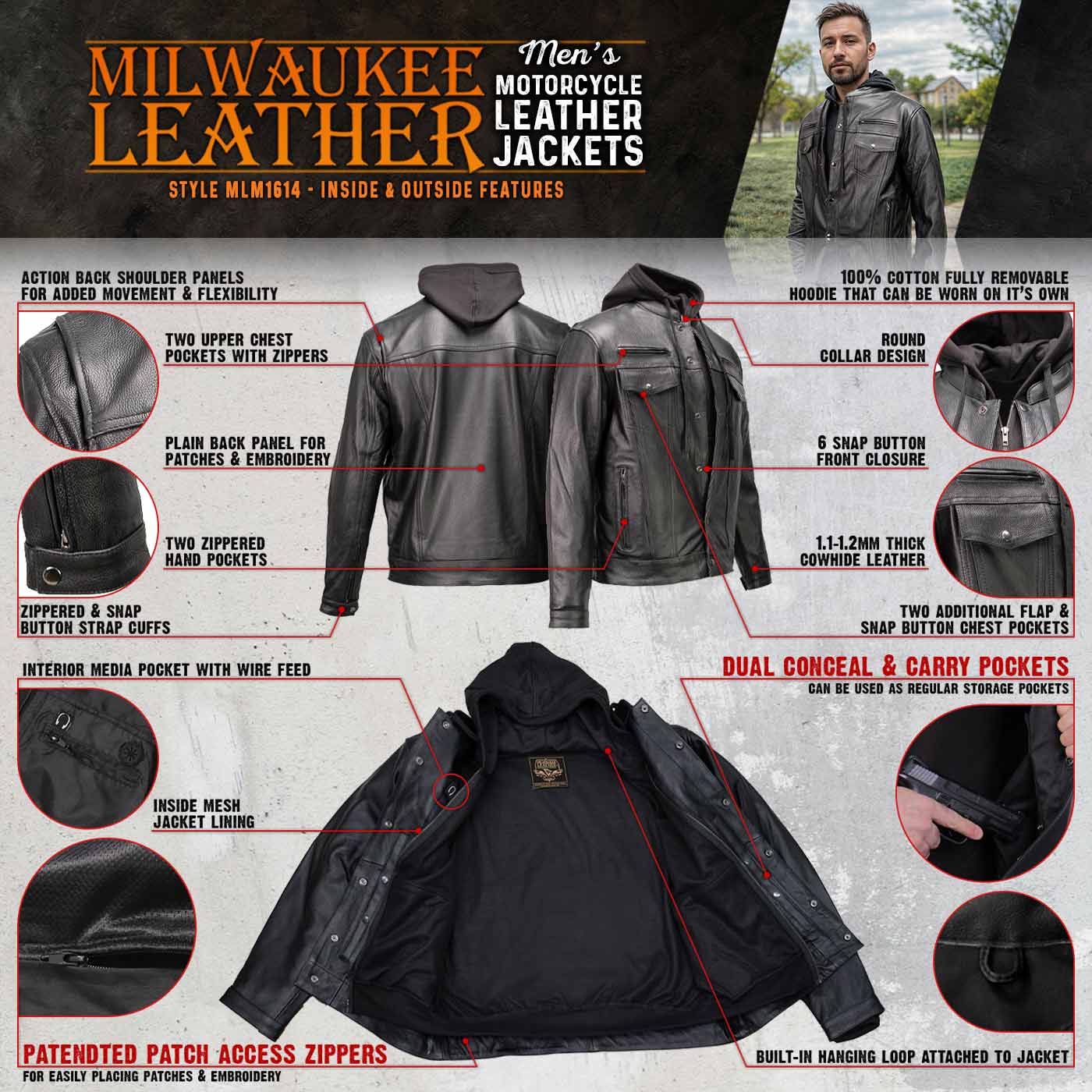 Milwaukee Leather MLM1614 Men’s Black Premium Leather Shirt Style Jacket w/ Removable Hoodie