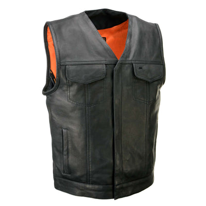 Milwaukee Leather MLM3503 Men's Pursuit Black Premium Goat Leather V Neck Club Style Motorcycle Rider Vest