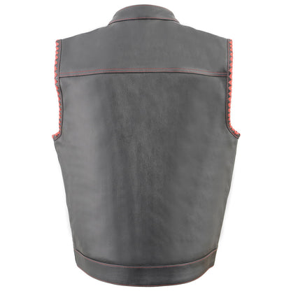 Milwaukee Leather MLM3506 Men's Black Premium Leather Vest - Old Glory Laced Armholes Red Stitching Club Style Vest