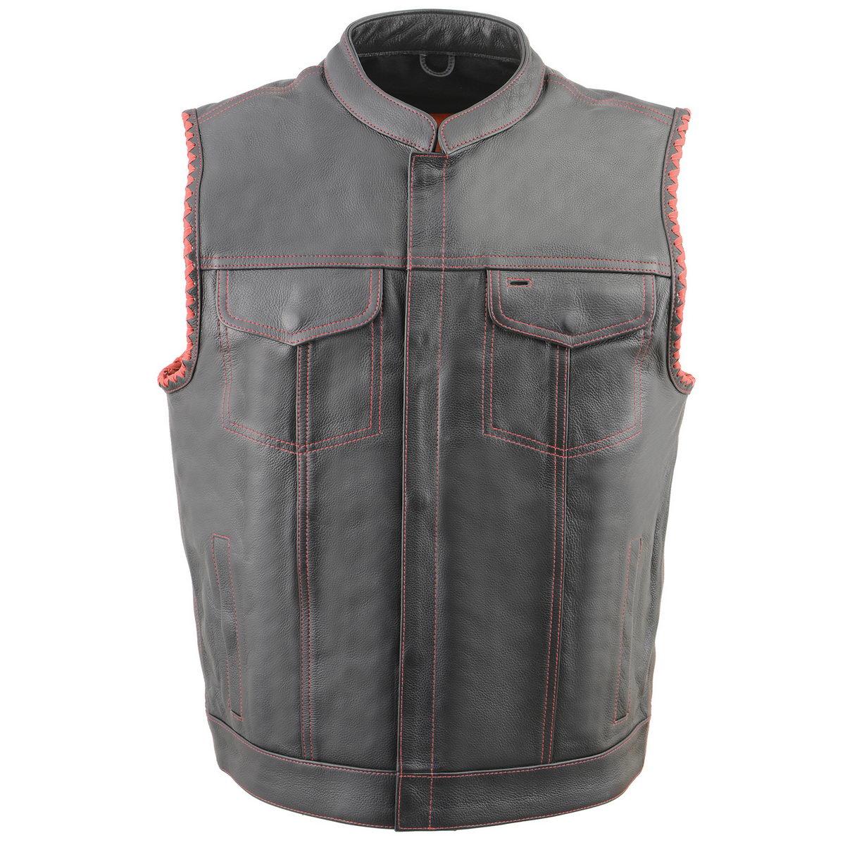 Milwaukee Leather MLM3506 Men's Black Premium Leather Vest - Old Glory Laced Armholes Red Stitching Club Style Vest