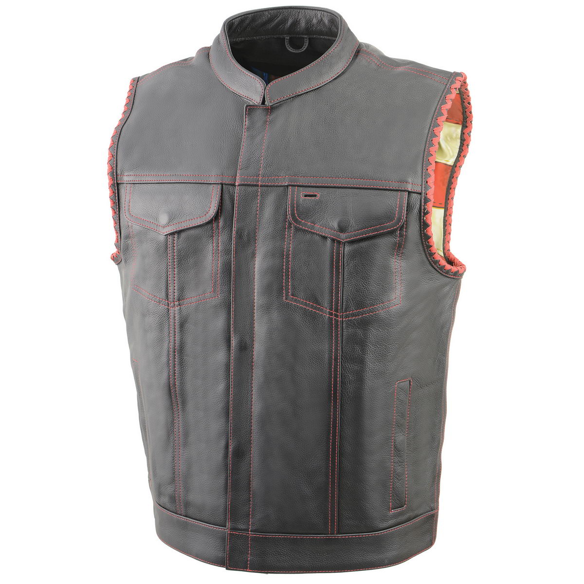 Milwaukee Leather MLM3506 Men's Black Premium Leather Vest - Old Glory Laced Armholes Red Stitching Club Style Vest