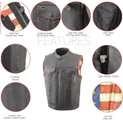 Milwaukee Leather MLM3506 Men's Black Premium Leather Vest - Old Glory Laced Armholes Red Stitching Club Style Vest