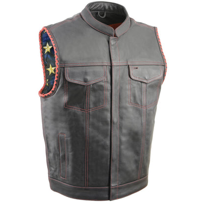 Milwaukee Leather MLM3506 Men's Black Premium Leather Vest - Old Glory Laced Armholes Red Stitching Club Style Vest