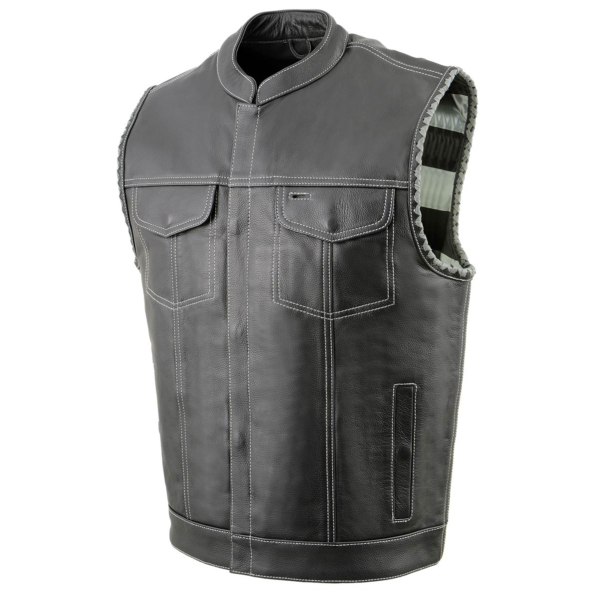 Milwaukee Leather MLM3507 Men's Old Glory Black Naked Leather Club Style Vest w/ Grey Stitching Laced Armholes