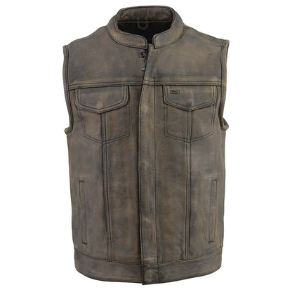 Milwaukee Leather MLM3510 Men's Black/Beige Premium Leather Club Style Vest - Dual Closure Open Neck Motorcycle Vest