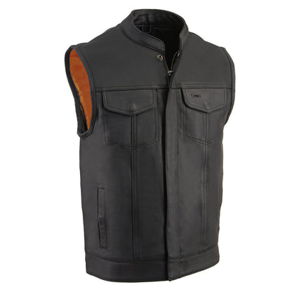 Milwaukee Leather MLM3510 Men's Black Naked Leather Club Style Vest - Dual Closure Open Neck Motorcycle Rider Vest