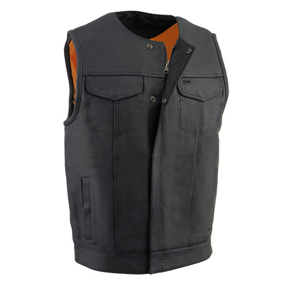 Milwaukee Leather MLM3511 Men's Black Collarless Snap/Zipper Club Style Motorcycle Leather Vest