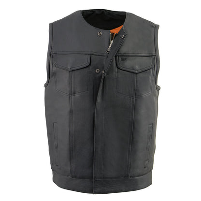 Milwaukee Leather MLM3511 Men's Black Collarless Snap/Zipper Club Style Motorcycle Leather Vest