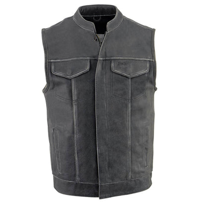 Milwaukee Leather MLM3513 Men's Naked Leather Club Style Vest- Concealed Snaps Zipper Closure Motorcycle Rider Vest