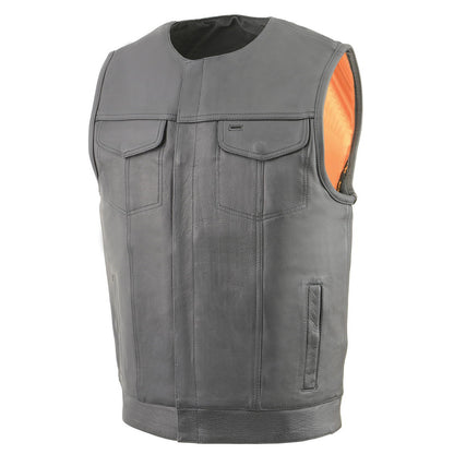 Milwaukee Leather MLM3515 Men's Black Cool-Tec Premium Leather Vest - Club Style Collarless Motorcycle Rider Vest