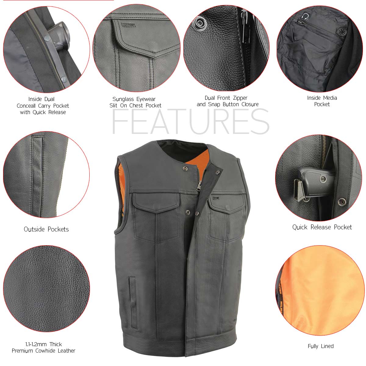 Milwaukee Leather MLM3515 Men's Black Cool-Tec Premium Leather Vest - Club Style Collarless Motorcycle Rider Vest