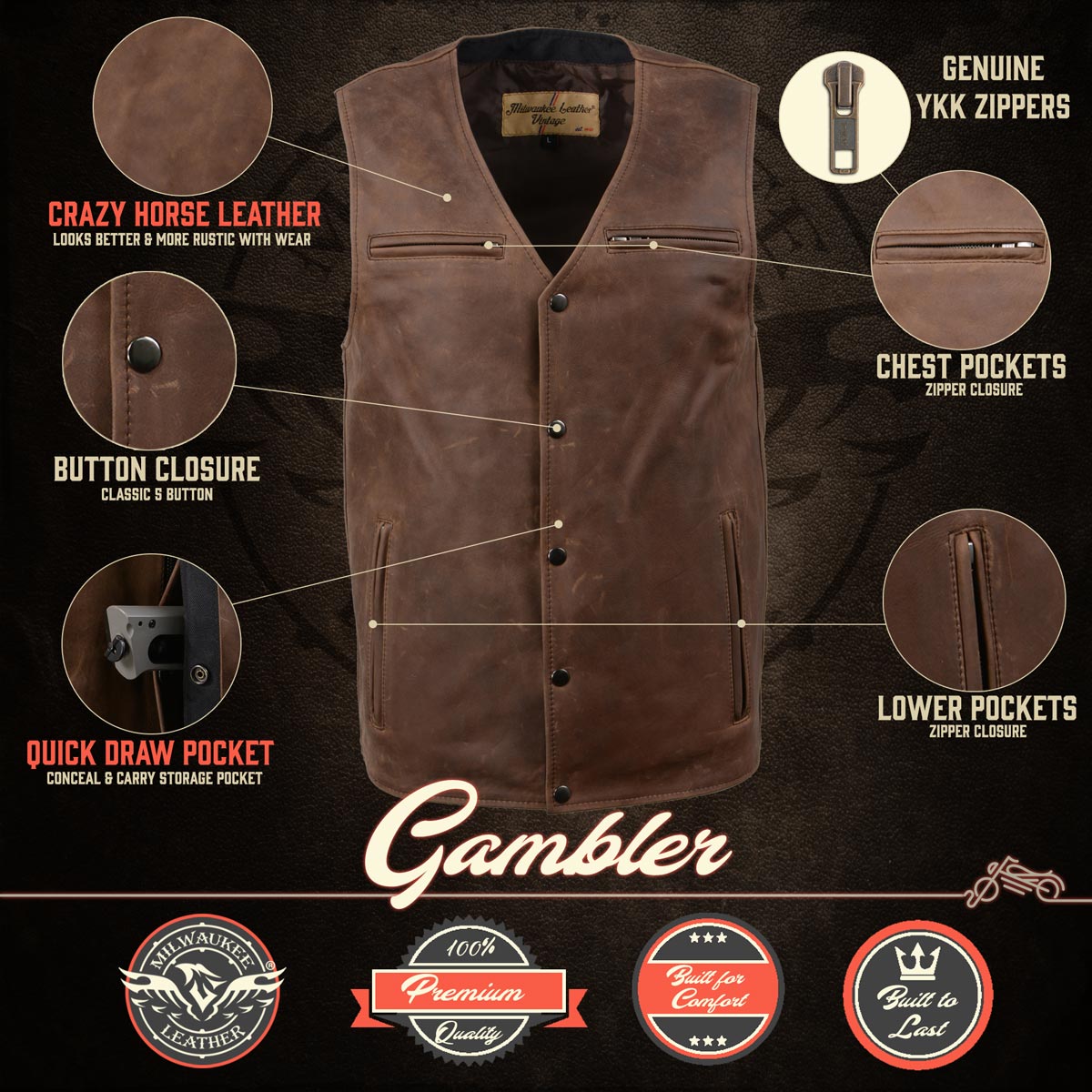 Milwaukee Leather MLM3518 Men's Gambler Snap Front Vintage Crazy Horse Brown Motorcycle Leather Vest