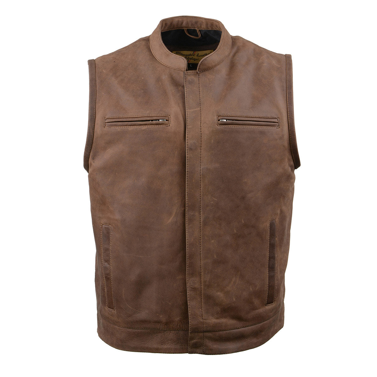 Milwaukee Leather MLM3519 Men's 'Rustler' Vintage Crazy Horse Brown Leather Club Style Motorcycle Vest