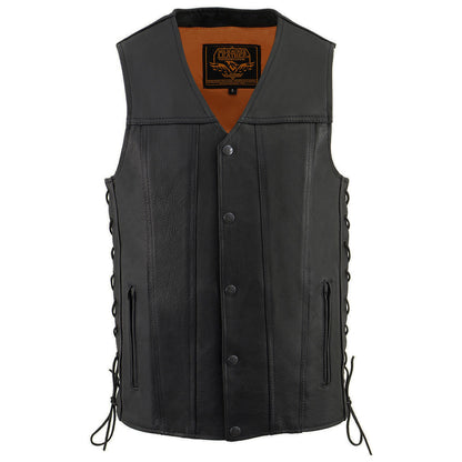 Milwaukee Leather MLM3520 Men's Black Leather Vest - Classic V-Neck Straight Bottom Side Lace Motorcycle Rider Vest