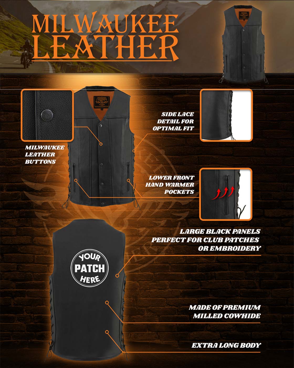 Milwaukee Leather MLM3520 Men's Black Leather Vest - Classic V