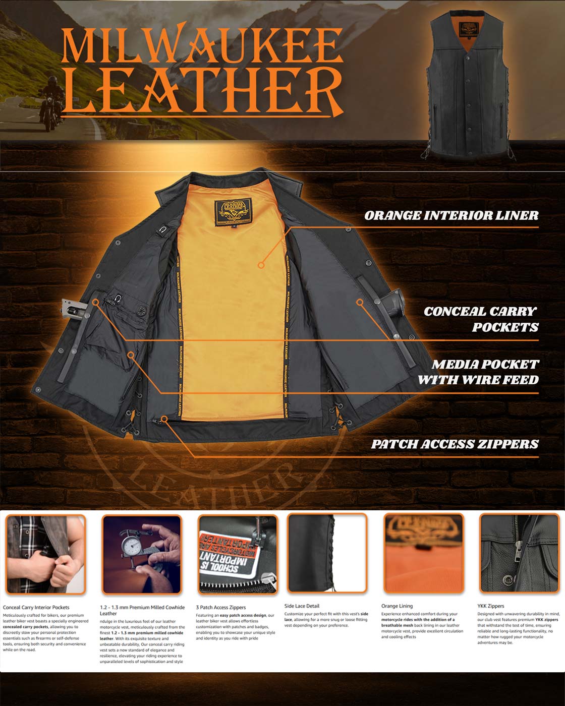 Milwaukee Leather MLM3520 Men's Black Leather Vest - Classic V