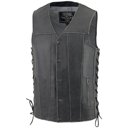 Milwaukee Leather MLM3521 Men's Distress Grey Leather Vest - V-Neck Straight Bottom Side Lace Motorcycle Rider Vest