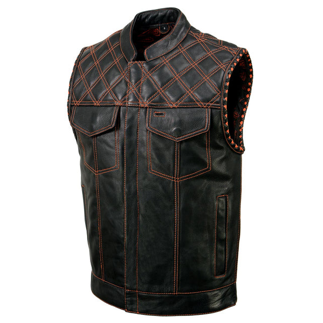 Milwaukee Leather MLM3527 Men's Black 'Paisley' Accented w/ Orange Stitching Leather Vest – / Armhole Trim