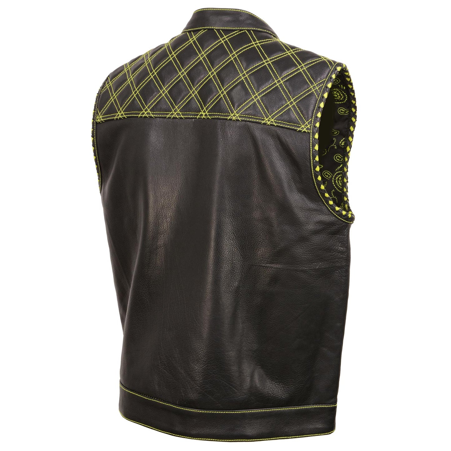 Milwaukee Leather MLM3528 Men's Black 'Paisley' Accented Neon Green Stitching Leather Vest w/Armhole Trim