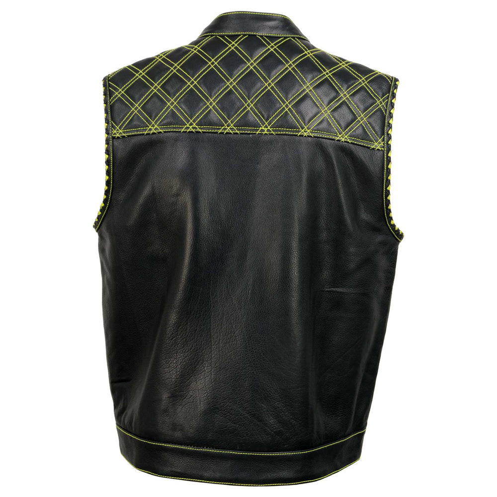 Milwaukee Leather MLM3528 Men's Black Paisley Lined Leather Vest w/ Neon Green Stitching & Armhole Trim