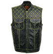 Milwaukee Leather MLM3528 Men's Black Paisley Lined Leather Vest w/ Neon Green Stitching & Armhole Trim