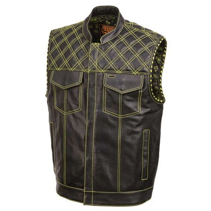 Milwaukee Leather MLM3528 Men's Black 'Paisley' Accented Neon Green Stitching Leather Vest w/Armhole Trim