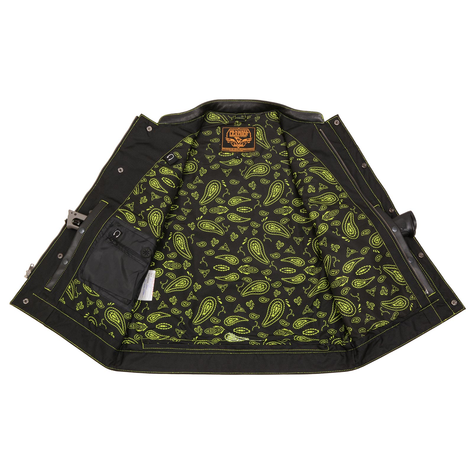 Milwaukee Leather MLM3528 Men's Black 'Paisley' Accented Neon Green Stitching Leather Vest w/Armhole Trim