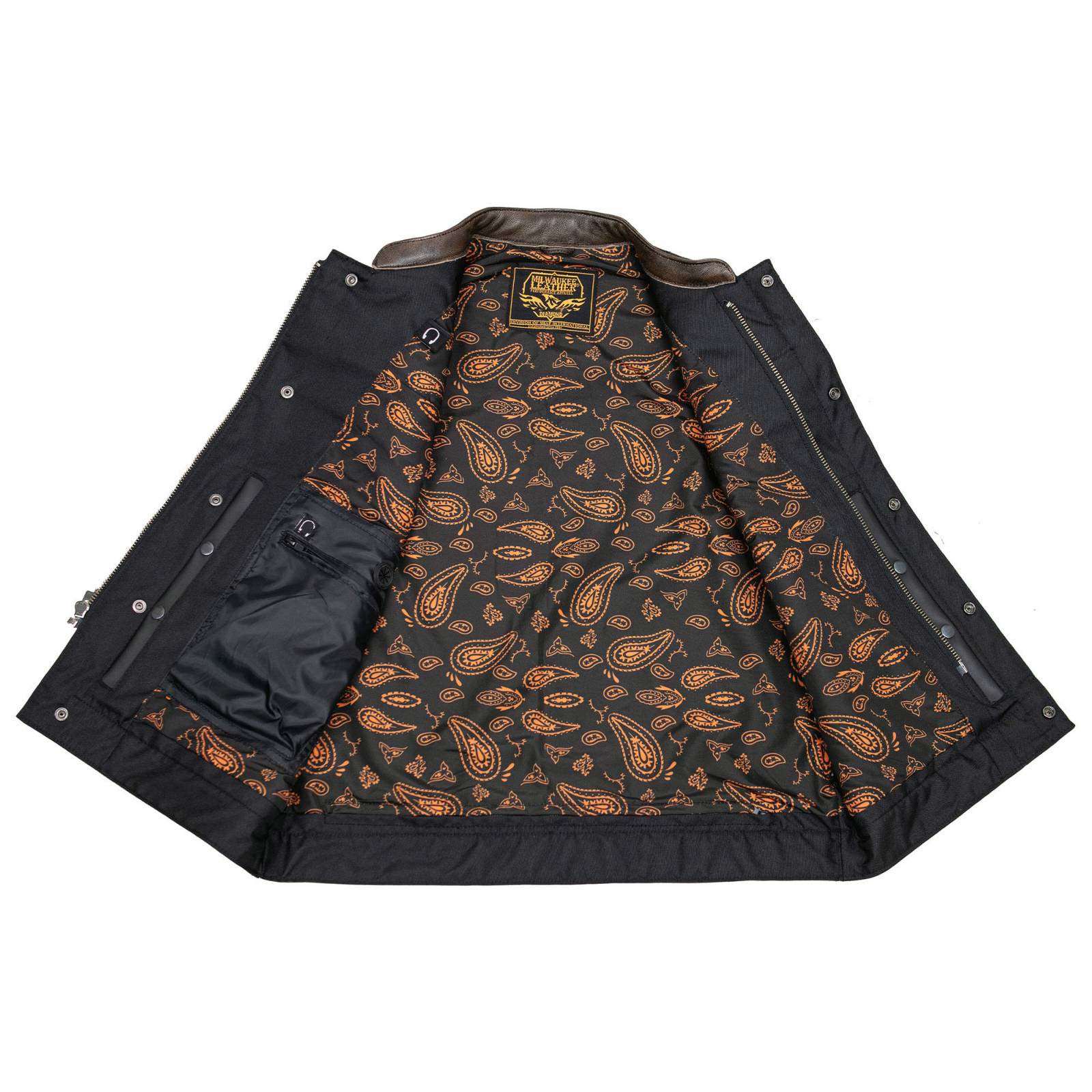 Milwaukee Leather MLM3529 Men's Black & Brown Paisley Lined Leather Vest w/ Accent Stitching & Armhole Trim