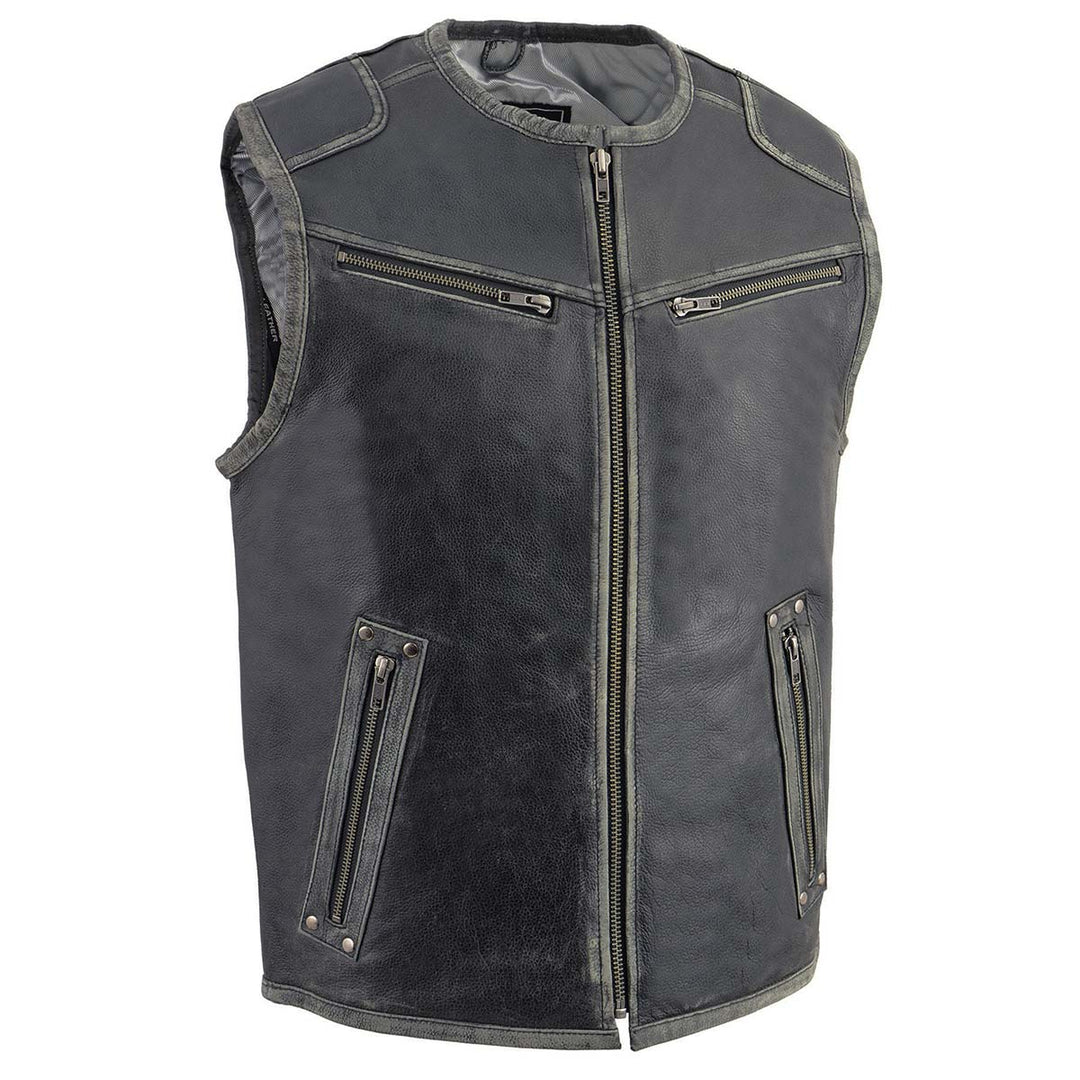 Milwaukee Leather MLM3536 Men's Distressed Grey Leather Collarless Motorcycle Rider Vest