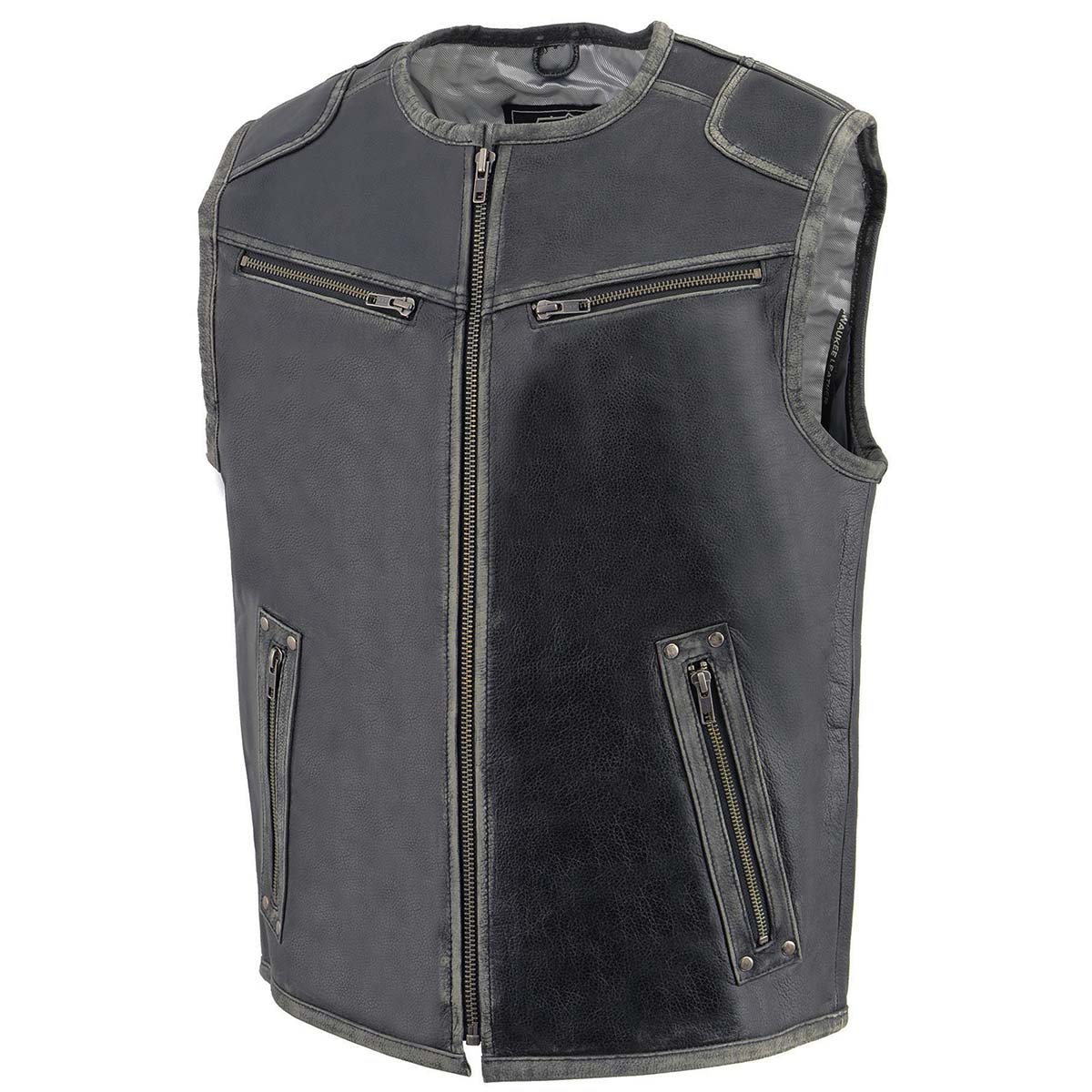 Milwaukee Leather MLM3536 Men's Vintage Leather Vest- Distressed Grey Front Zipper Collarless Motorcycle Rider Vest