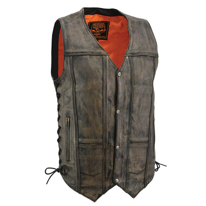 Milwaukee Leather MLM3540 Men's Roulette Distressed Brown 10 Pocket Motorcycle Leather Vest