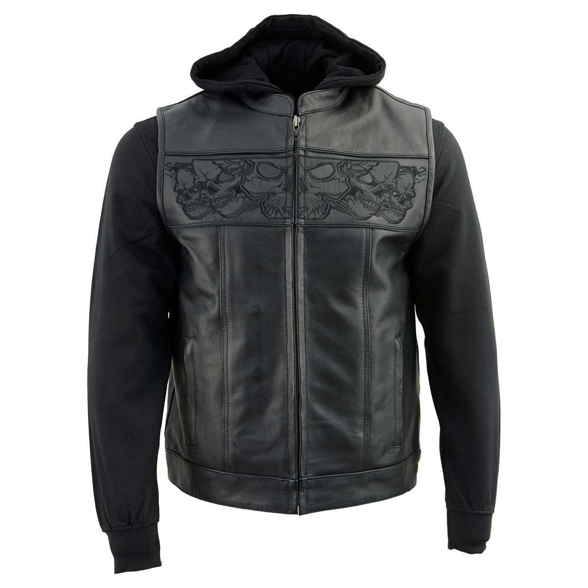 Milwaukee Leather MLM3563 Men's Leather Vest w/ Removeable Hoodie - Black 2 in 1 Reflective Skulls Motorcycle Vest