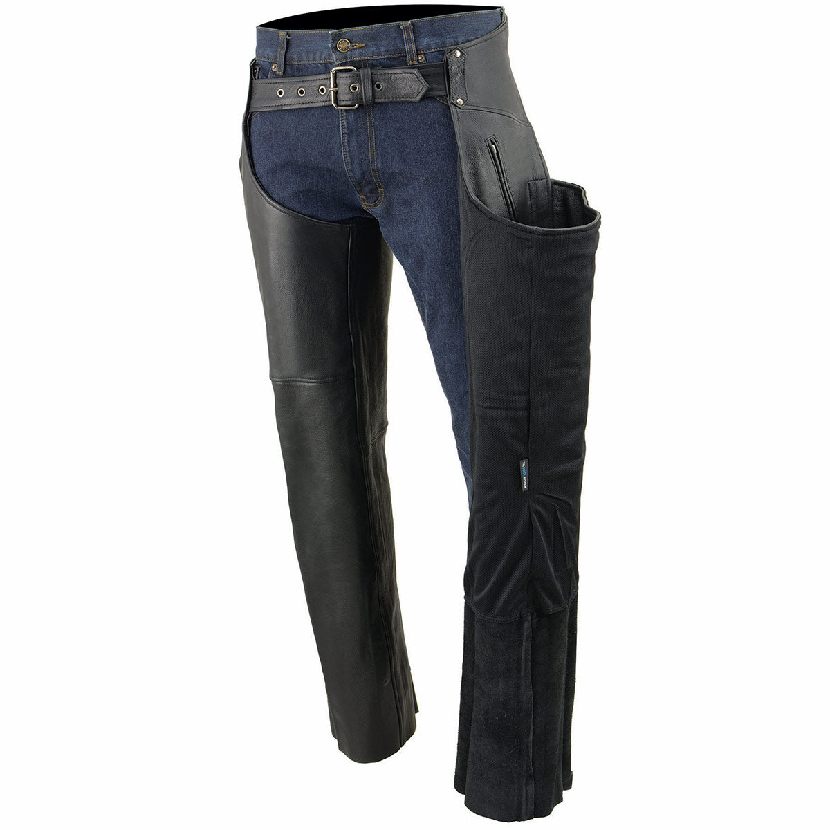 Milwaukee Leather Chaps for Men's Black Cool-Tec Naked Leather - 2 Zipped Thigh Pockets Motorcycle Chap - MLM5502