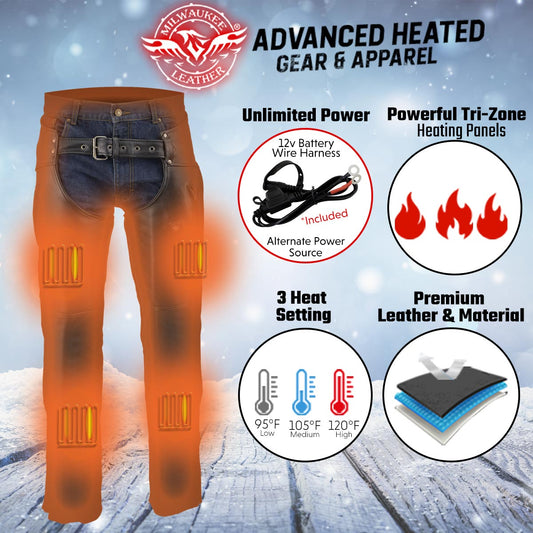 Milwaukee Leather MLM5513 Men's Black 'Heated' Motorcycle Leather Winter Chaps with Zippered Thigh Pockets