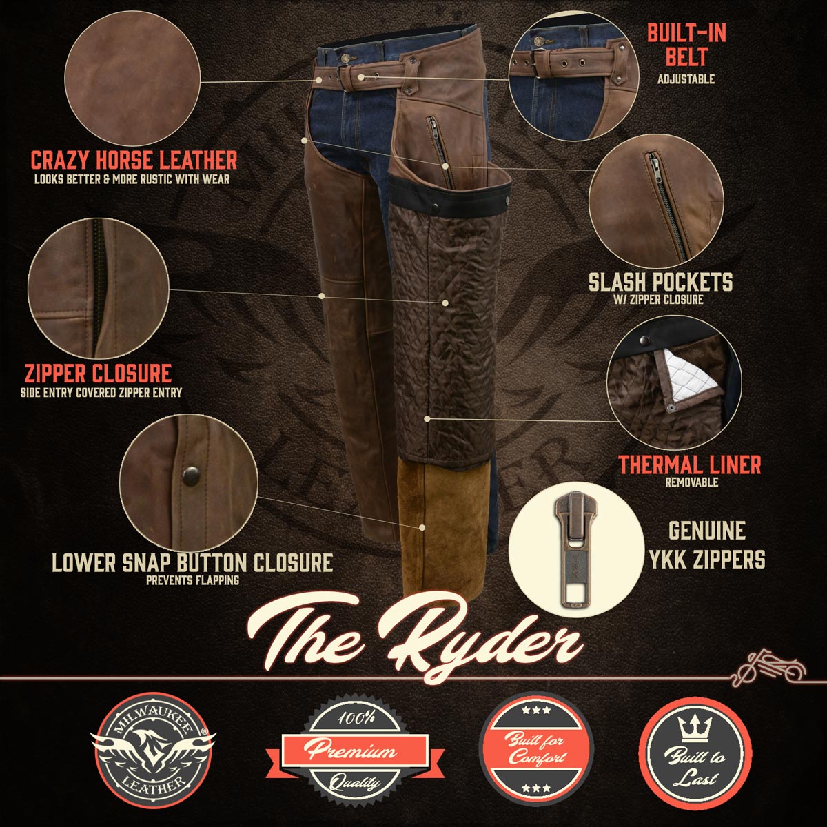 Milwaukee Leather Chaps for Men's Vintage Crazy Horse Brown