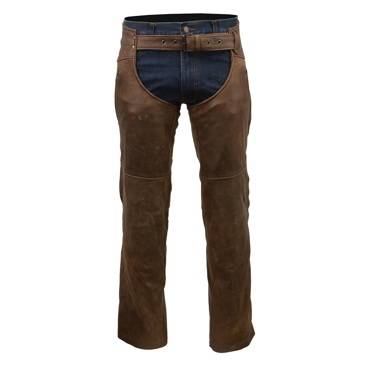 Milwaukee Leather MLM5518 Men's 'The Ryder' Vintage Crazy Horse Brown Slash Pockets Leather Chaps