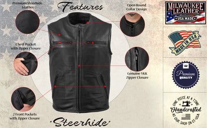 Milwaukee Leather USA MADE MLVSM5001 Men's Black 'Steerhide' Premium Leather Motorcycle Club Style Vest