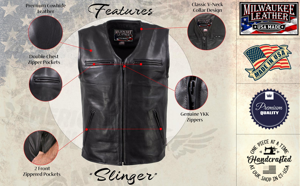 Milwaukee Leather USA MADE MLVSM5009 Men's Black 'Slinger' V-Neck Motorcycle Premium Leather Zippered Vest