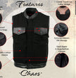 Milwaukee Leather USA MADE MLVSM5101 Men's Black Burn Out Denim and Leather Motorcycle Vest with Plaid Red Lining