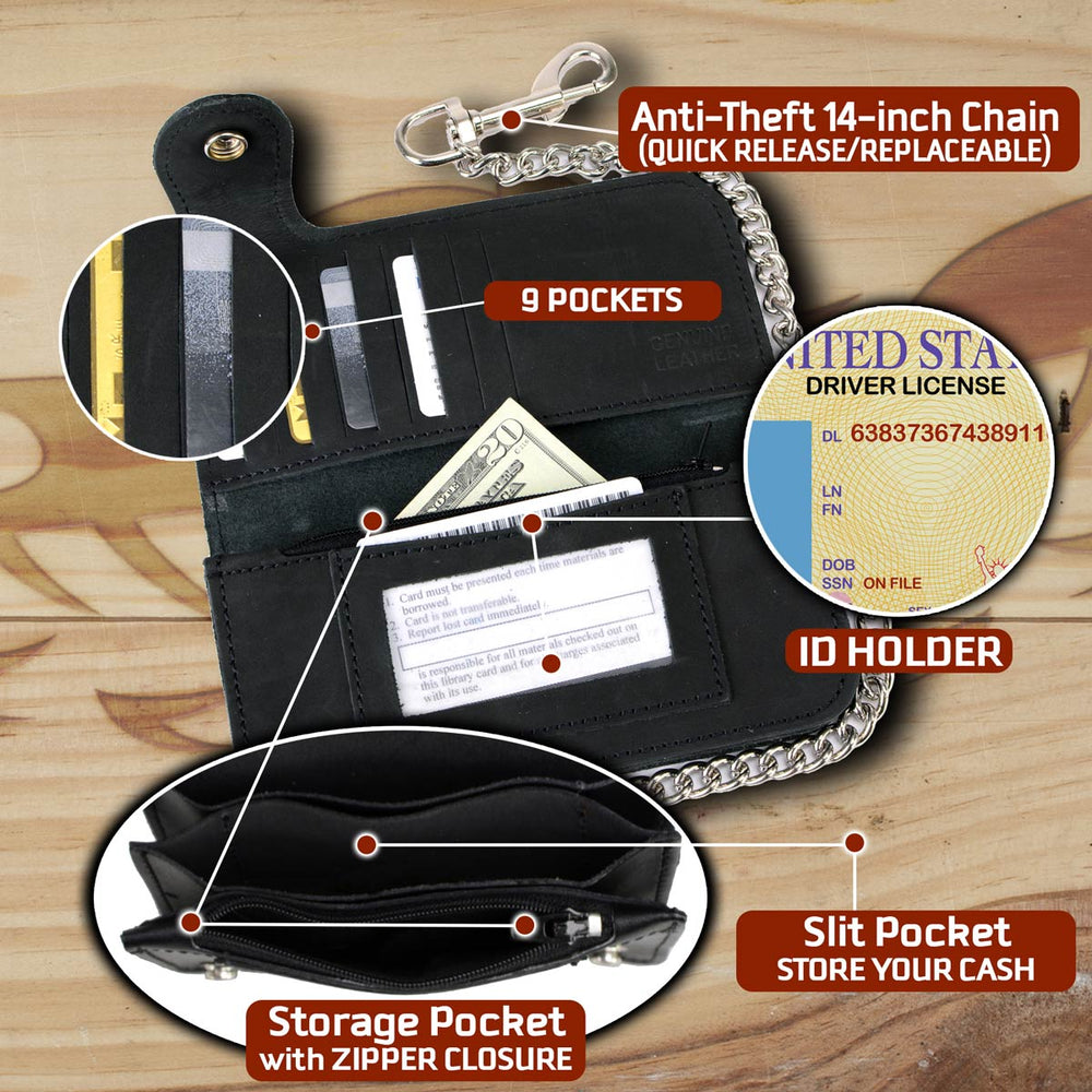 Milwaukee Leather MLW7828 Men's 7" Leather Bi-Fold Biker Wallet w/ Anti-Theft Stainless Steel Chain and Buffalo Nickel Snap