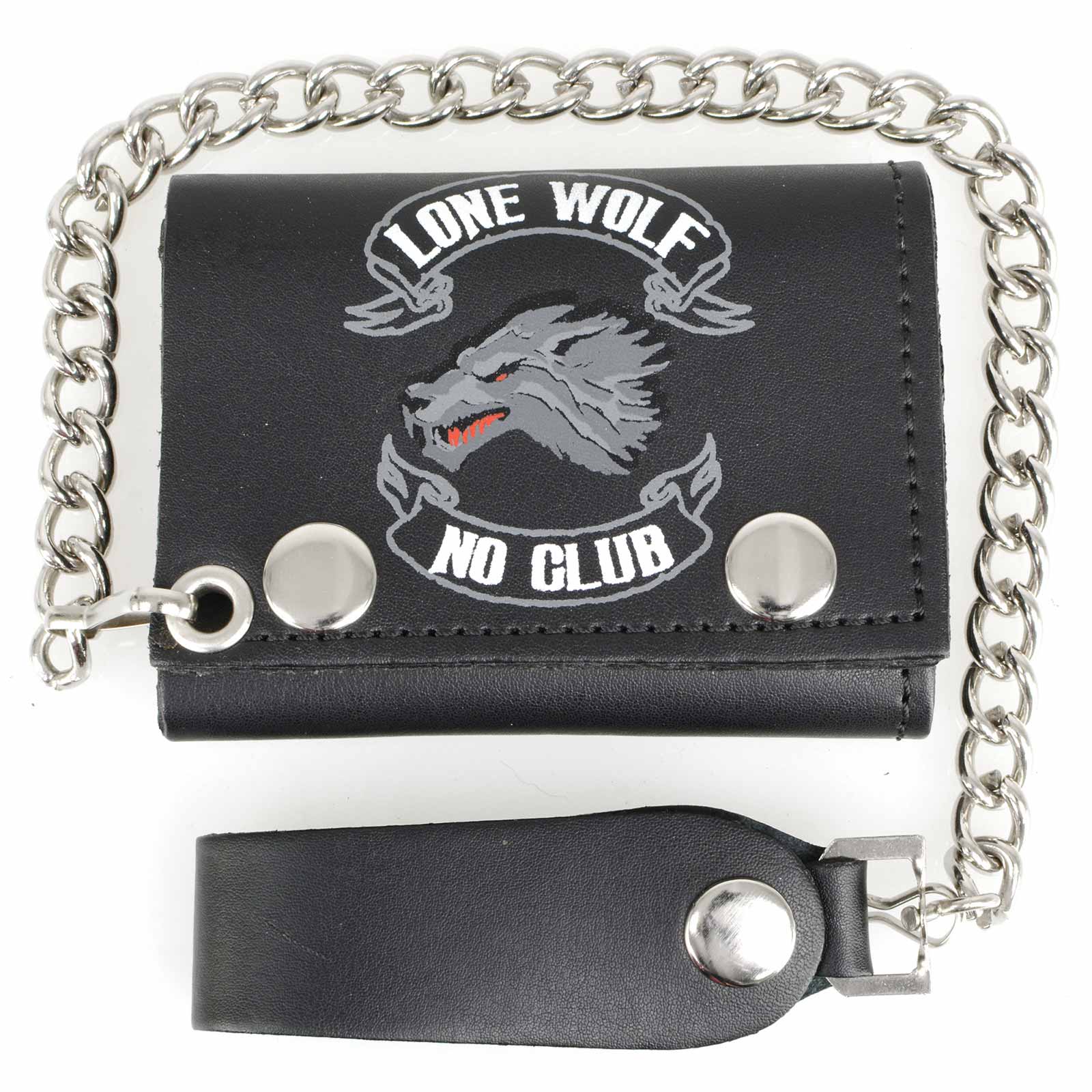 Milwaukee Leather MLW7833 Men's 4” Leather “Lone Wolf No Club” Tri-Fold Wallet w/ Anti-Theft Stainless Steel Chain